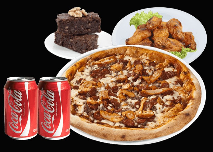 1 Pizza super au choix<br>
+ 8 Wings<br>
+ Potatoes<br>
+ 2 Desserts au choix ou 2 magnums<br>
+ 2 Boissons 33cl au choix.