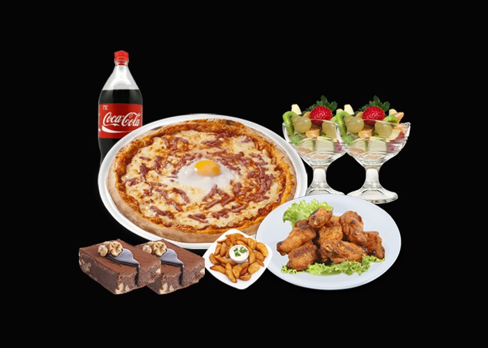 1 Pizza mga au choix<br>
+ 10 Wings<br>
+ Potatoes<br>
+ 4 Desserts ou 4 magnums<br>
+ 1 Maxi coca cola 1.5l.