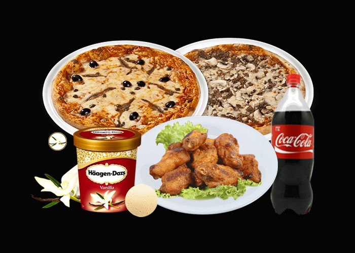 2 Pizzas super au choix<br>
+ 10 Wings ou nuggets<br>
+ 1 Glace 100ml<br>
+ 1 Maxi coca cola 1.5l.