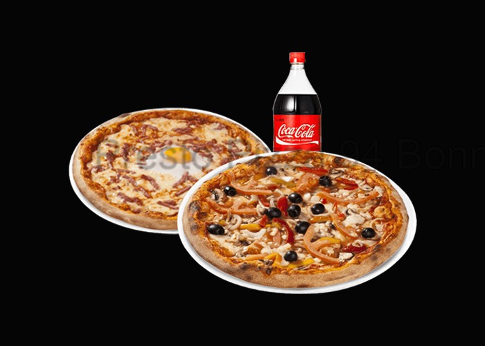 2 Pizzas super au choix<br>
+ 1 Maxi coca cola 1.5l.