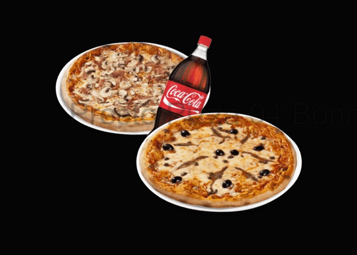 2 Pizzas mga au choix<br>
+ 1 Maxi coca cola 1.5l.