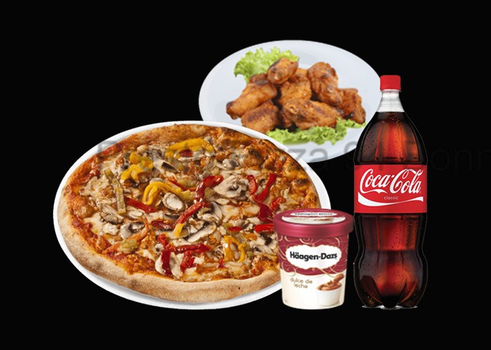 1 Pizza mga au choix<br>
+ 10 Wings<br>
+ Potatoes<br>
+ 1 Glace 500ml <br>
+ 1 Maxi coca cola 1.5l.