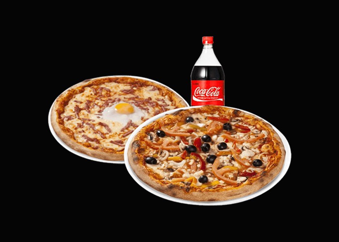 2 Pizzas super au choix<br>
+ 1 Maxi coca cola 1.5l.