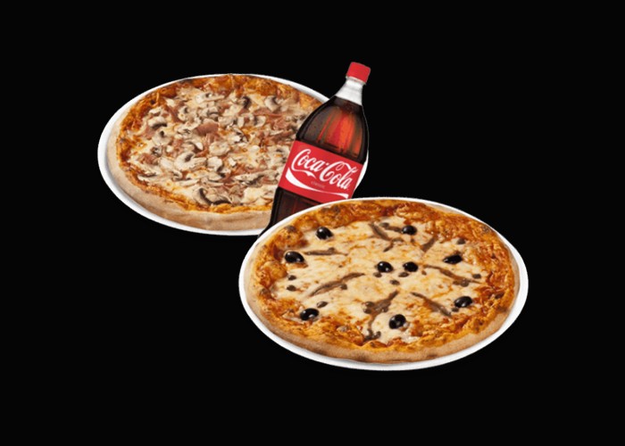 2 Pizzas mga au choix<br>
+ 1 Maxi coca cola 1.5l.
