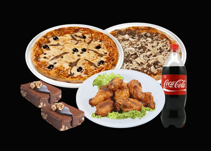 2 Pizzas super au choix<br>
+ 10 Wings ou nuggets<br>
+ 2 Desserts au choix ou 2 magnums<br>
+ 1 Maxi coca cola 1.5l.